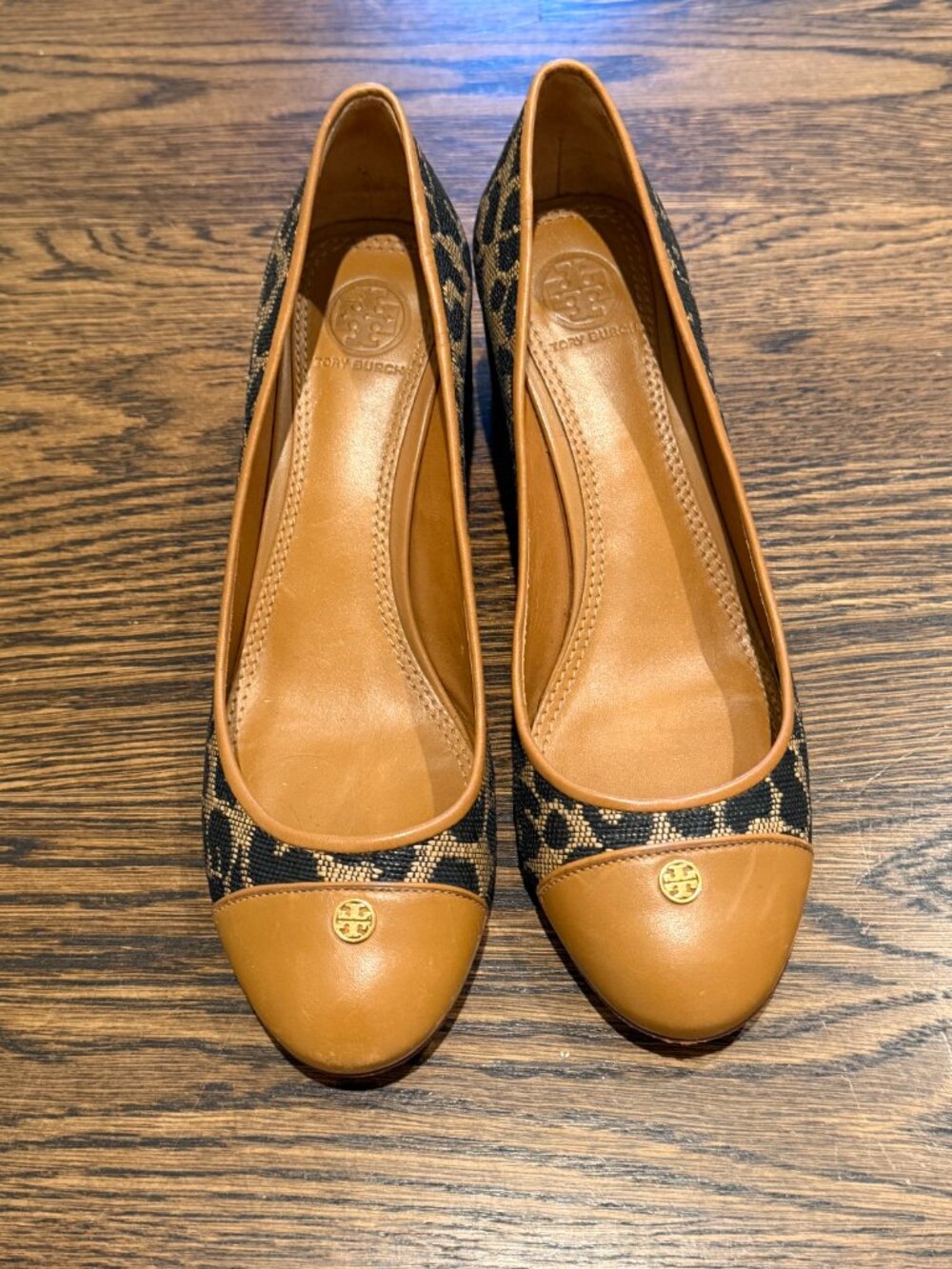 Tory Burch Ethel Leopard Print Tan Cap Toe Block Heel Pumps Women’s Size 8M